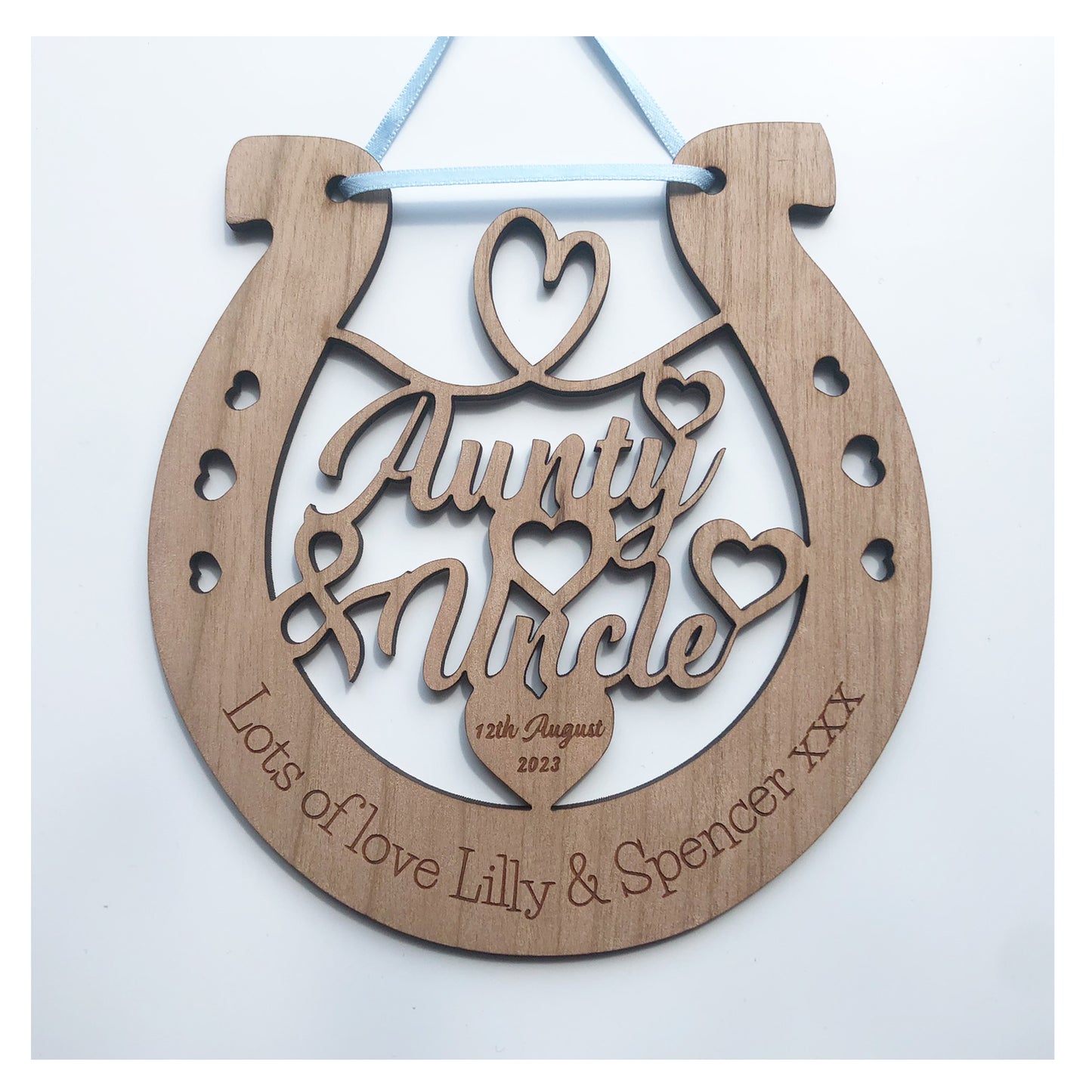 Aunty and Uncle Perfect Wedding Present Memento Cherry Wood Horseshoe Wedding Gift - Various Ribbon Colours Available