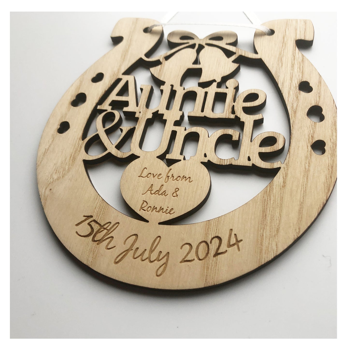 Auntie and Uncle Perfect Wedding Present Memento Ash Wood Horseshoe Wedding Gift - Various Ribbon Colours Available