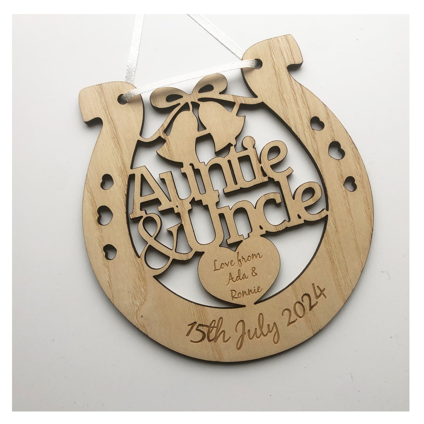 Auntie and Uncle Perfect Wedding Present Memento Ash Wood Horseshoe Wedding Gift - Various Ribbon Colours Available