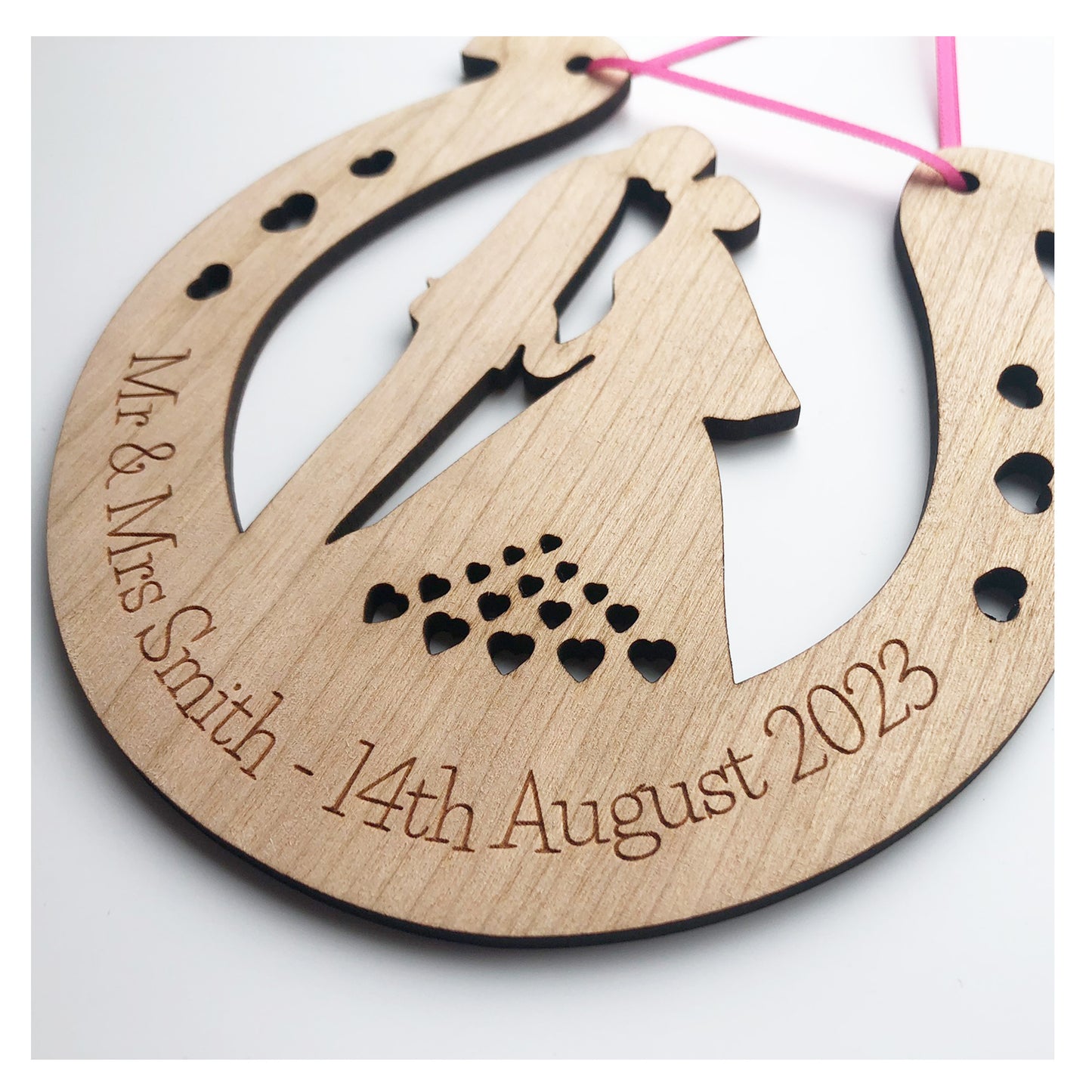 Perfect Wedding Gift Personalised Wooden Lucky Horseshoe Bride and Groom Present - Various Ribbon Colours Available