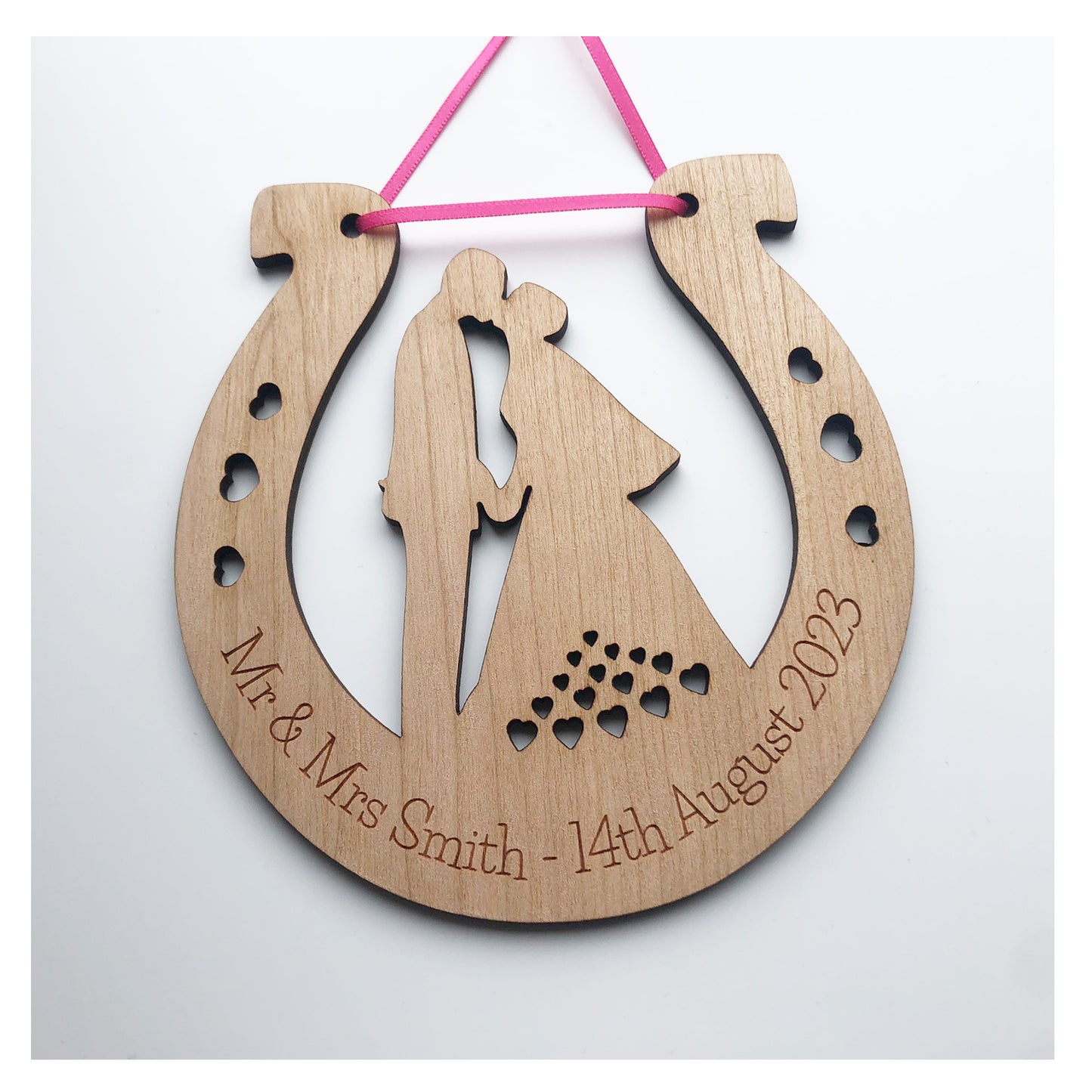 Perfect Wedding Gift Personalised Wooden Lucky Horseshoe Bride and Groom Present - Various Ribbon Colours Available