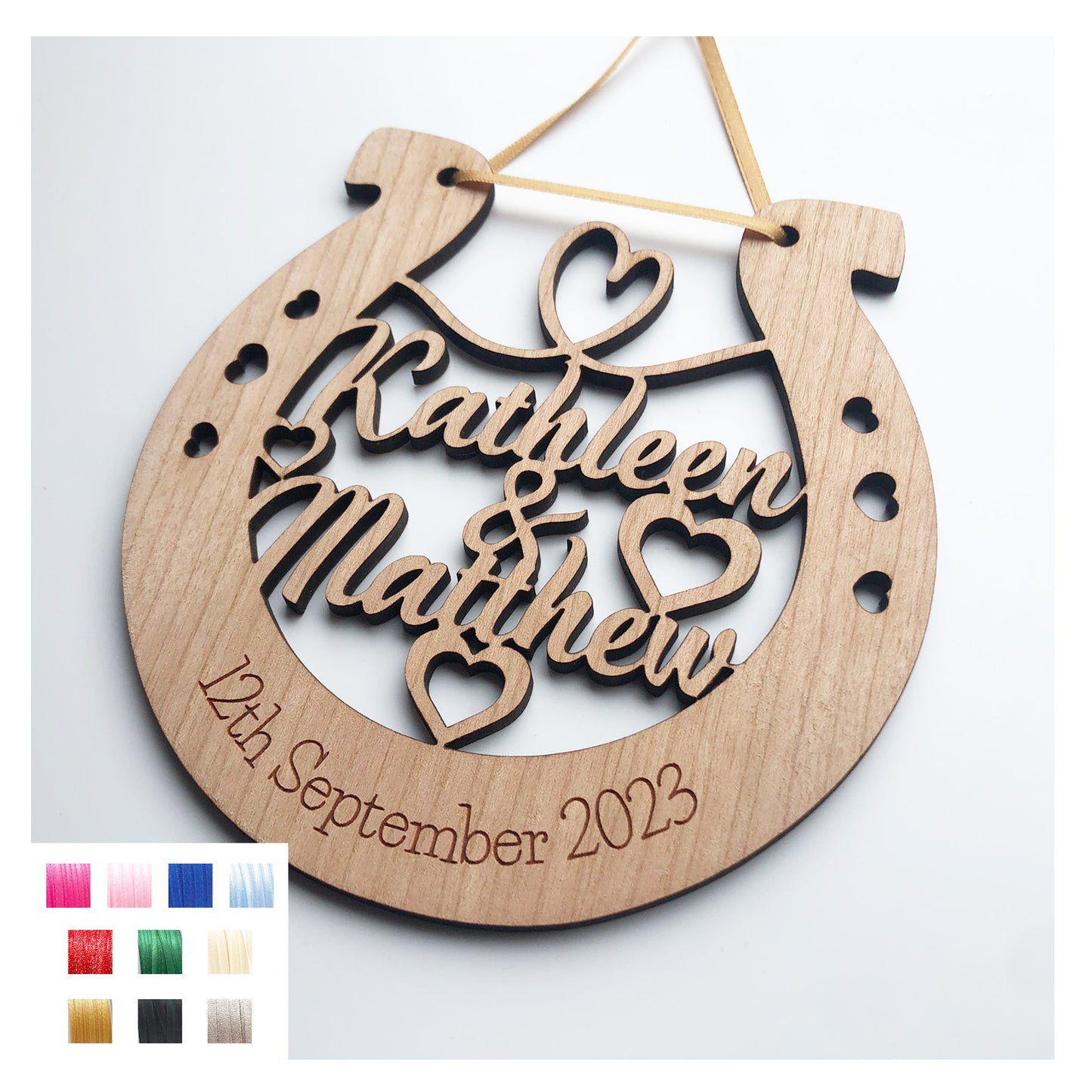 Couples First Names Horseshoe - Perfect Wedding Memento Cherry Wood Wedding Gift - Various Ribbon Colours Available