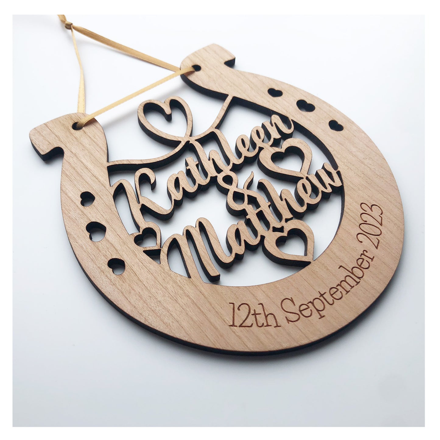 Couples First Names Horseshoe - Perfect Wedding Memento Cherry Wood Wedding Gift - Various Ribbon Colours Available