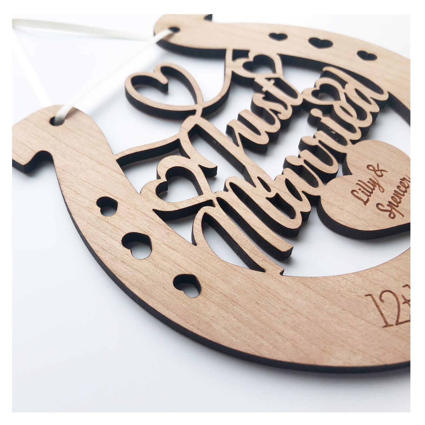 Just Married Perfect Wedding Memento Cherry Wood Horseshoe Wedding Gift - Various Ribbon Colours Available