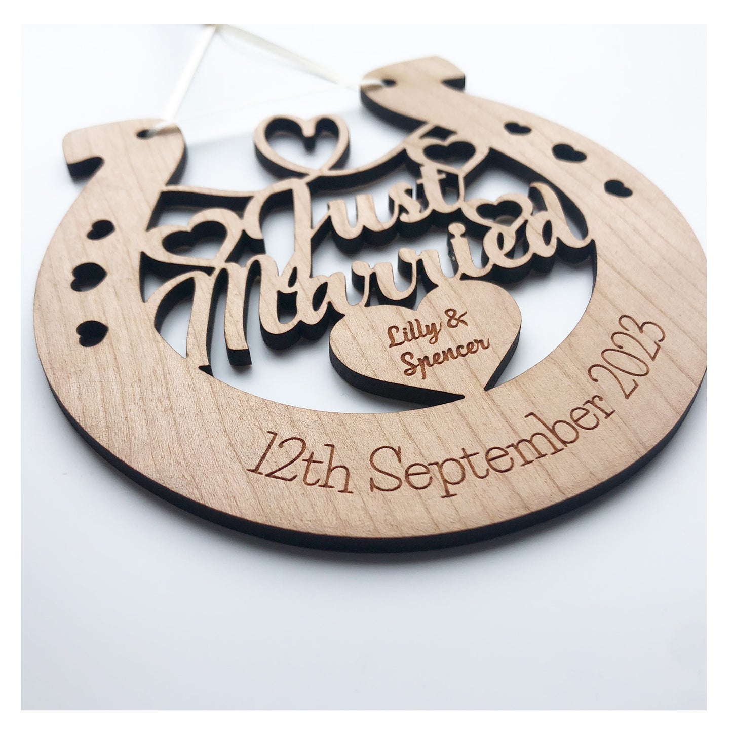 Just Married Perfect Wedding Memento Cherry Wood Horseshoe Wedding Gift - Various Ribbon Colours Available