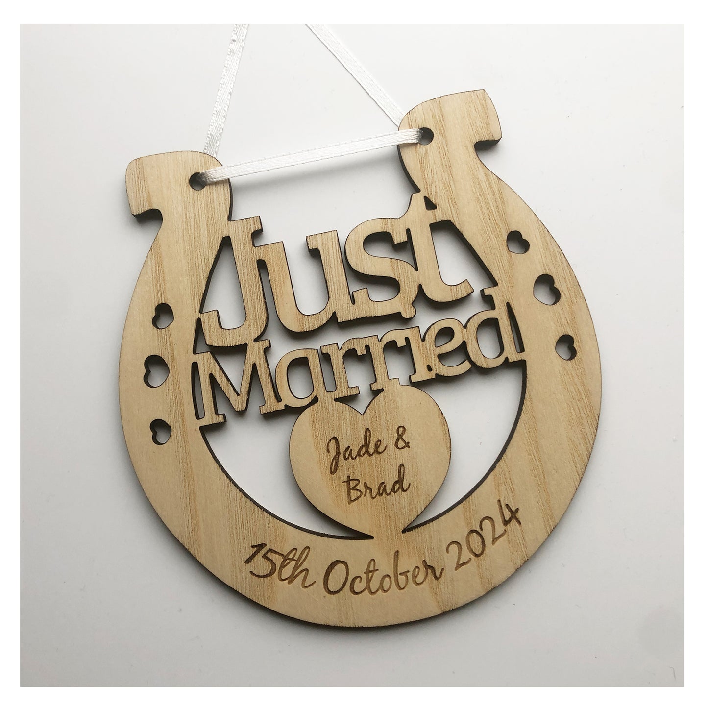 Just Married Perfect Wedding Memento Ash Wood Horseshoe Wedding Gift - Various Ribbon Colours Available