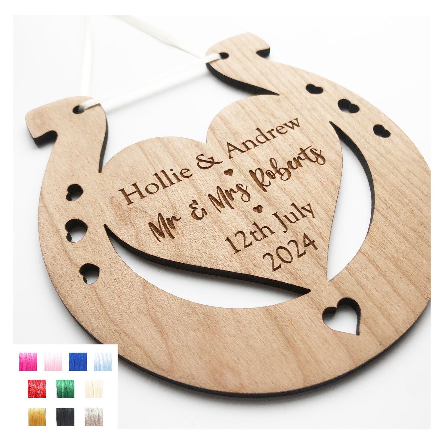 Mr and Mrs Perfect Wedding Memento Cherry Wood Horseshoe Wedding Gift - Various Ribbon Colours Available 4mm Thick - Cute