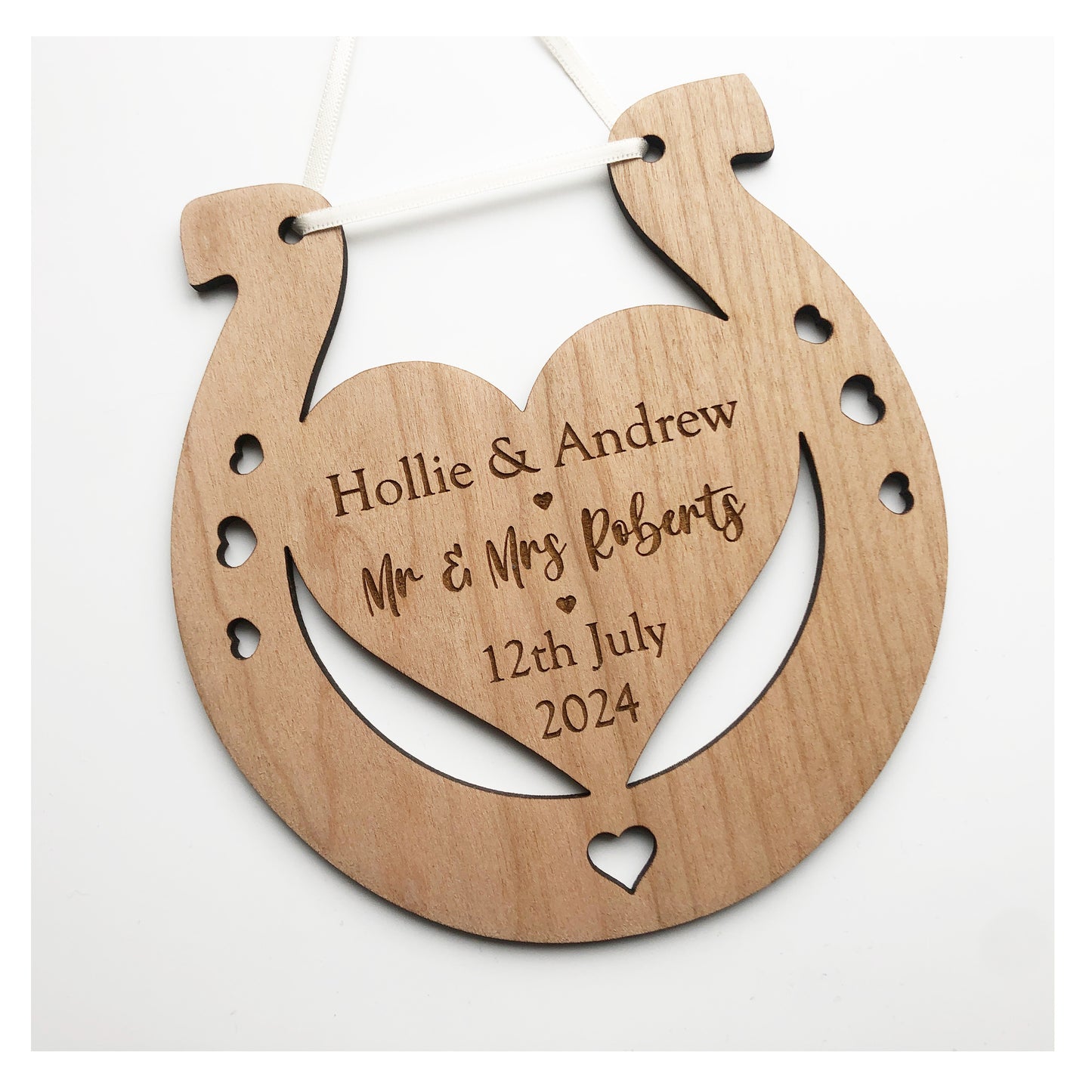 Mr and Mrs Perfect Wedding Memento Cherry Wood Horseshoe Wedding Gift - Various Ribbon Colours Available 4mm Thick - Cute