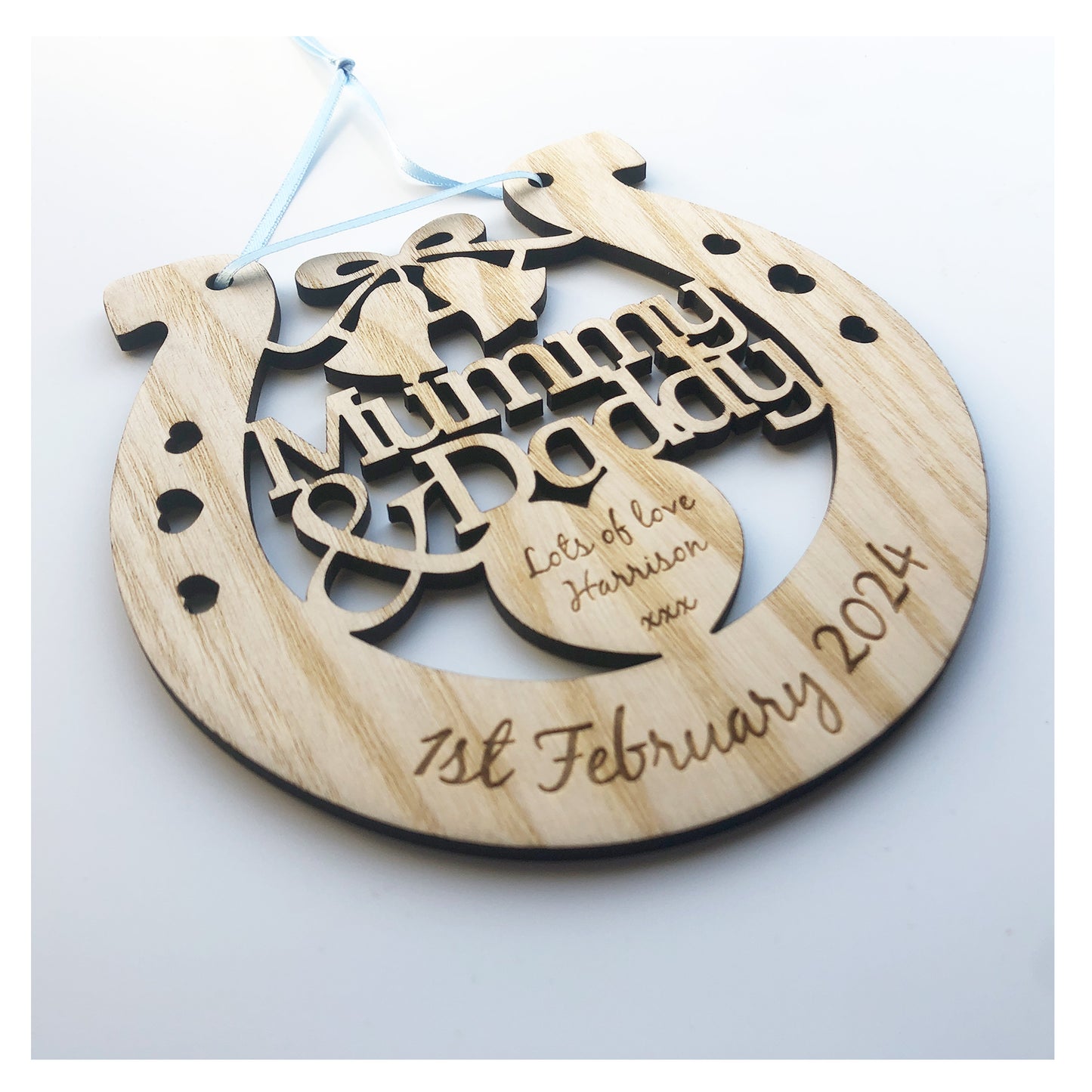 Mummy & Daddy Personalised Wooden Wedding Lucky Horseshoe Plaque Gift For Bride And Groom Ash Wood