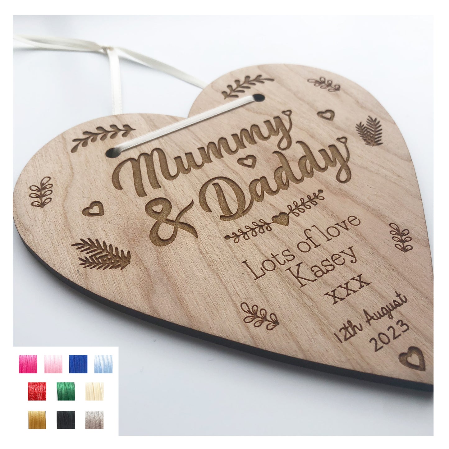 Mummy and Daddy Perfect Wedding Memento Cherry Wood Heart Wedding Gift - Various Ribbon Colours Available