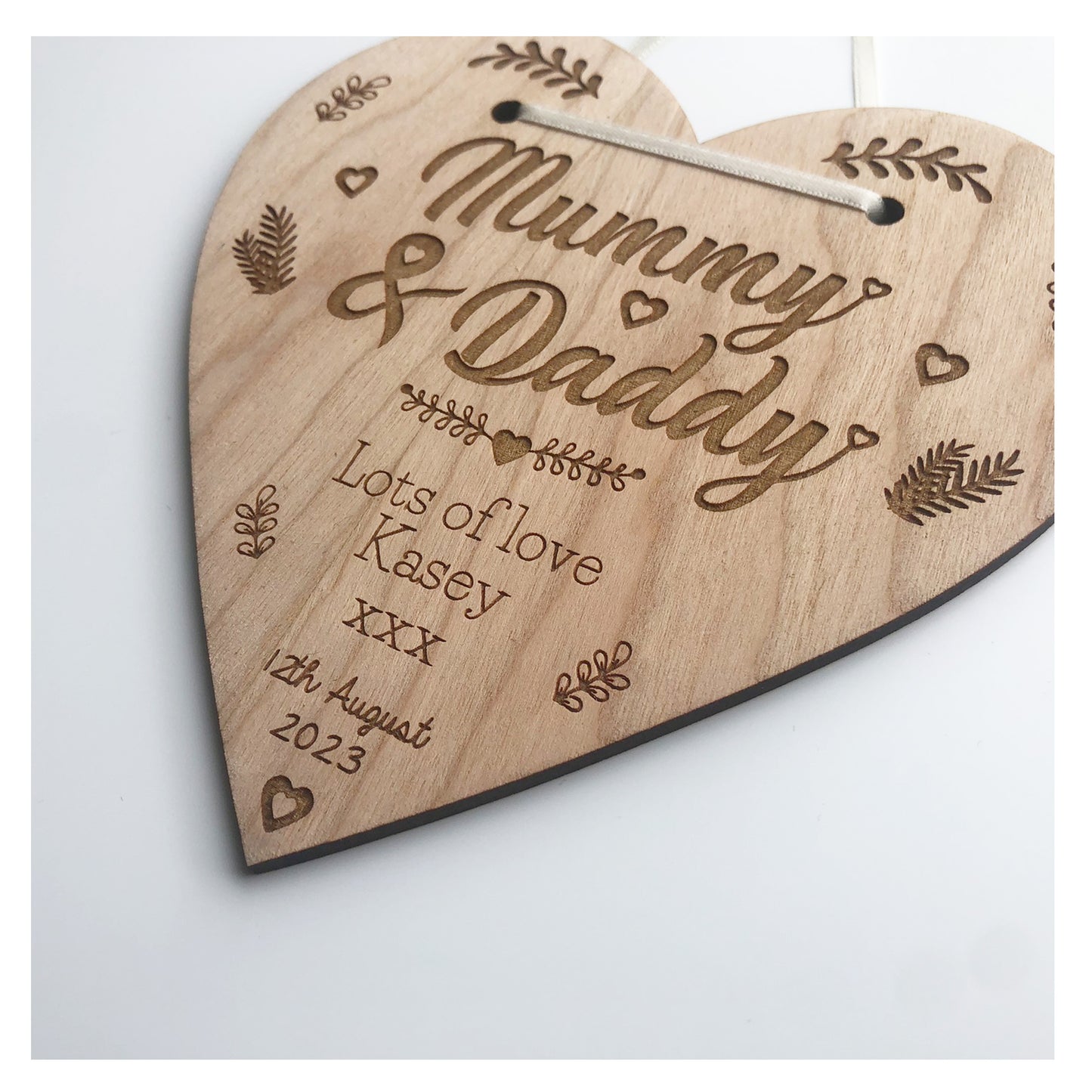 Mummy and Daddy Perfect Wedding Memento Cherry Wood Heart Wedding Gift - Various Ribbon Colours Available