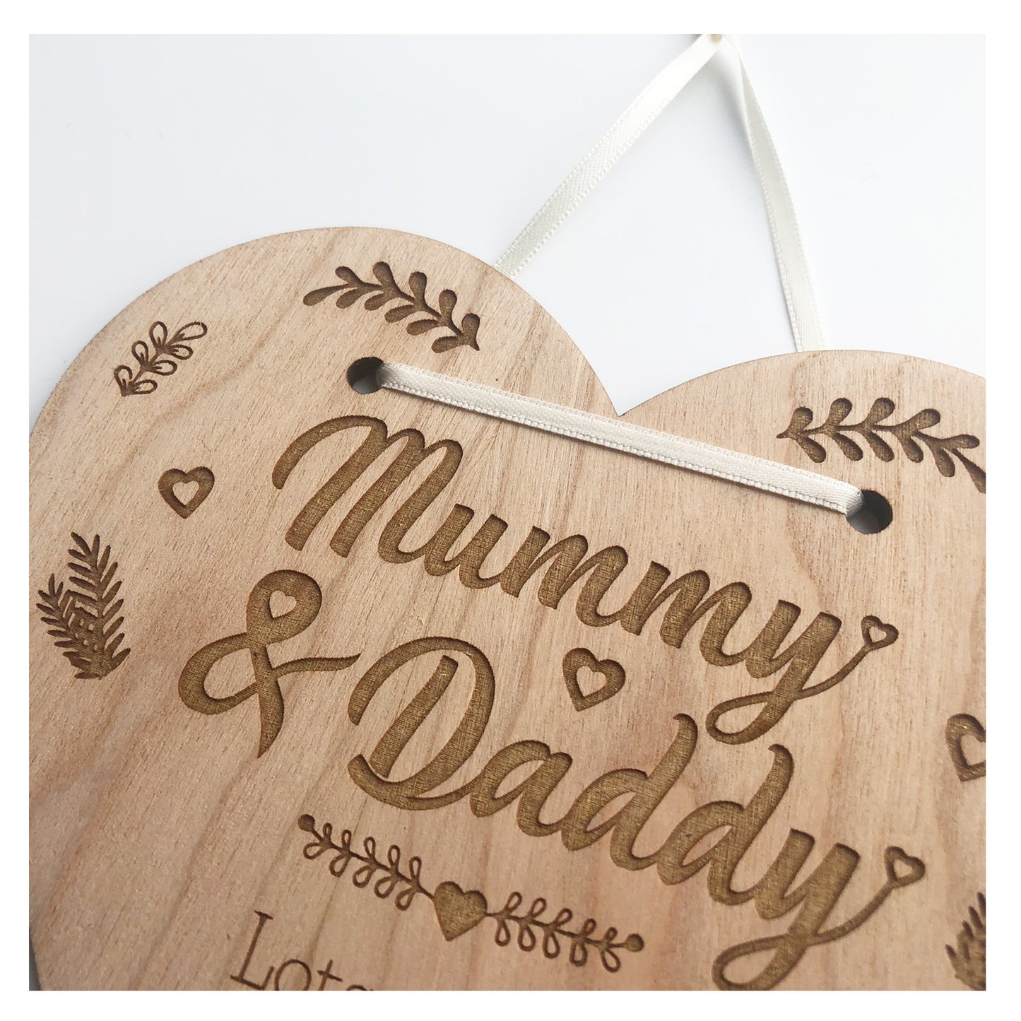 Mummy and Daddy Perfect Wedding Memento Cherry Wood Heart Wedding Gift - Various Ribbon Colours Available