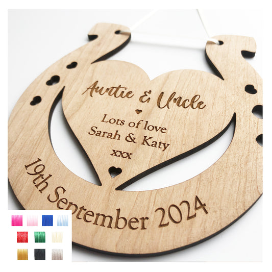 Auntie & Uncle Personalised Wedding Gift Lucky Horseshoe Plaque Sign 4mm Thick - Various Ribbon Colours Available - Cute