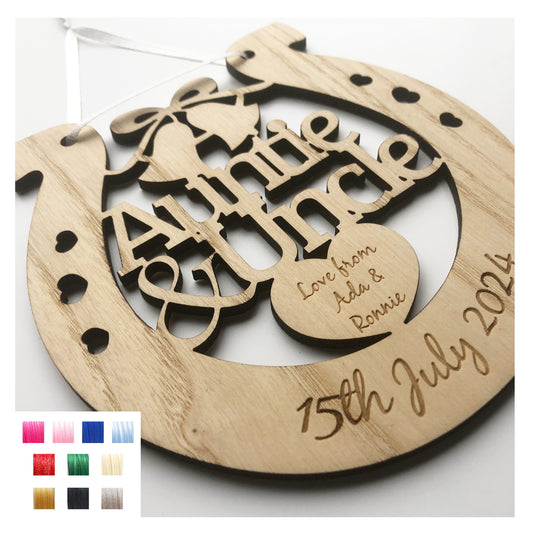 Auntie and Uncle Perfect Wedding Present Memento Ash Wood Horseshoe Wedding Gift - Various Ribbon Colours Available