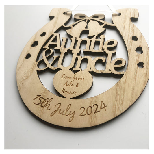 Auntie and Uncle Perfect Wedding Present Memento Ash Wood Horseshoe Wedding Gift - Various Ribbon Colours Available