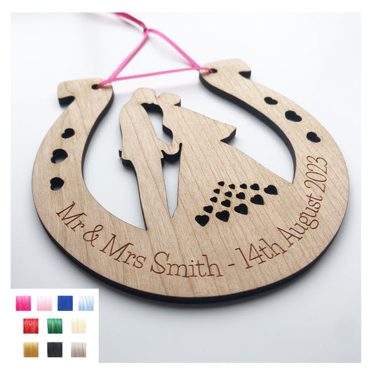 Perfect Wedding Gift Personalised Wooden Lucky Horseshoe Bride and Groom Present - Various Ribbon Colours Available