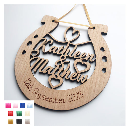 Couples First Names Horseshoe - Perfect Wedding Memento Cherry Wood Wedding Gift - Various Ribbon Colours Available