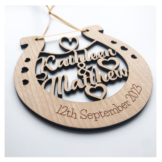 Couples First Names Horseshoe - Perfect Wedding Memento Cherry Wood Wedding Gift - Various Ribbon Colours Available