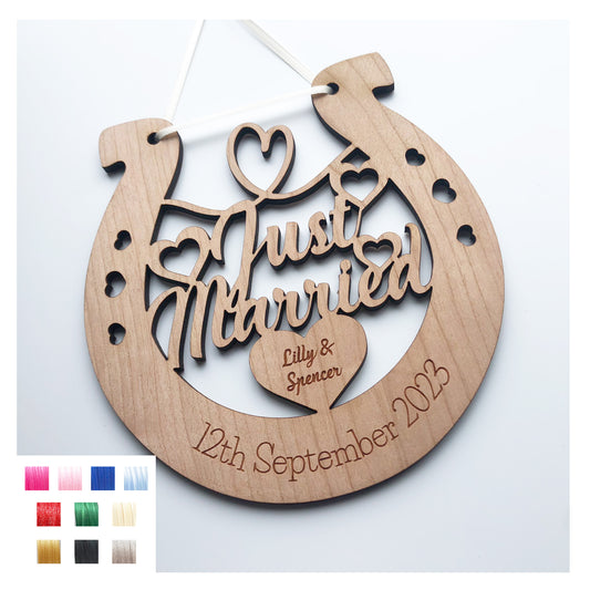 Just Married Perfect Wedding Memento Cherry Wood Horseshoe Wedding Gift - Various Ribbon Colours Available