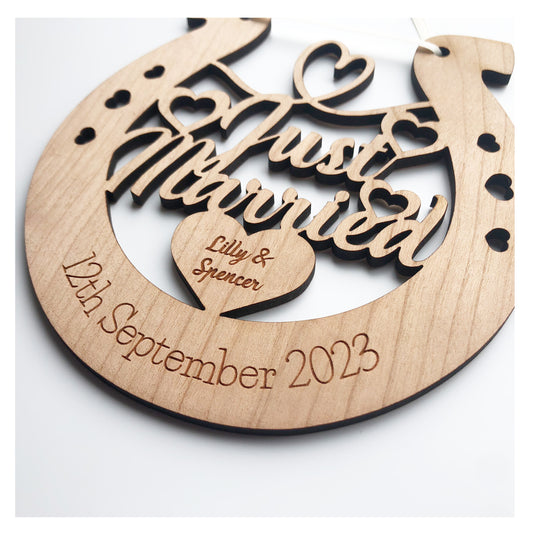 Just Married Perfect Wedding Memento Cherry Wood Horseshoe Wedding Gift - Various Ribbon Colours Available