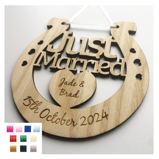 Just Married Perfect Wedding Memento Ash Wood Horseshoe Wedding Gift - Various Ribbon Colours Available