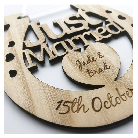 Just Married Perfect Wedding Memento Ash Wood Horseshoe Wedding Gift - Various Ribbon Colours Available