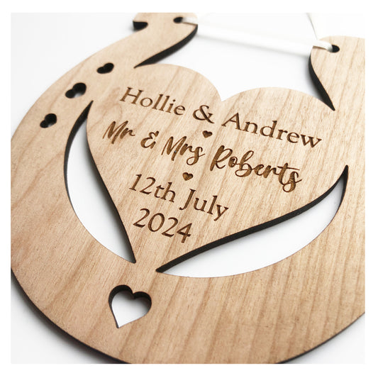 Mr and Mrs Perfect Wedding Memento Cherry Wood Horseshoe Wedding Gift - Various Ribbon Colours Available 4mm Thick - Cute