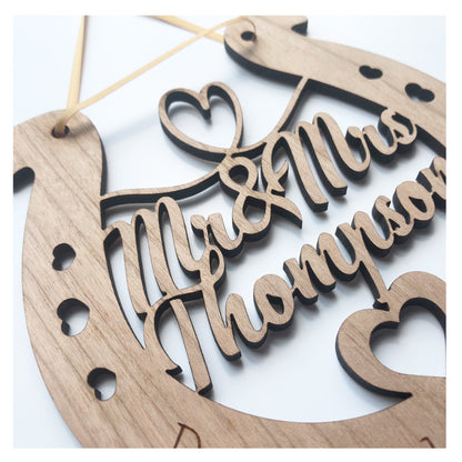 Mr & Mrs Personalised Wooden Wedding Lucky Horseshoe Plaque Gift For Bride And Groom