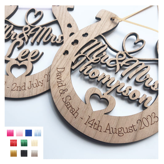Mr & Mrs Personalised Wooden Wedding Lucky Horseshoe Plaque Gift For Bride And Groom