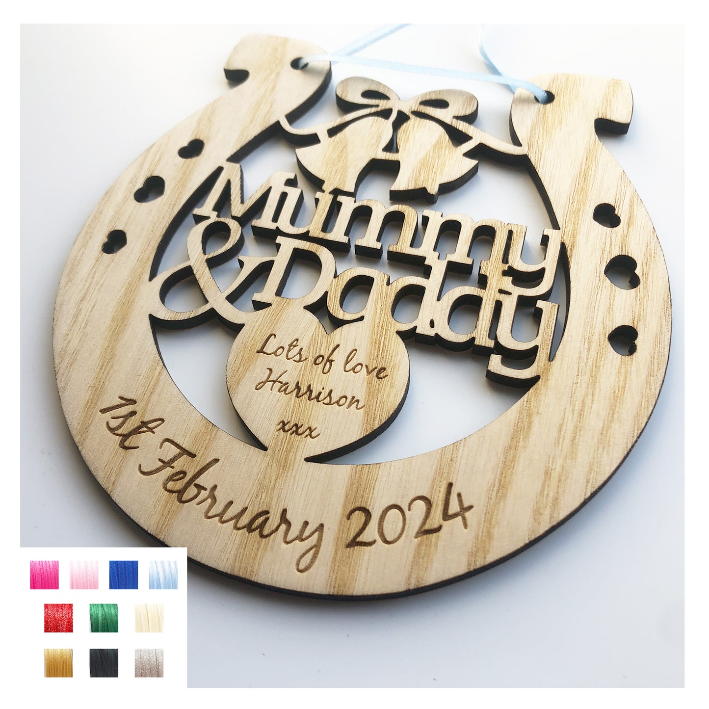 Mummy & Daddy Personalised Wooden Wedding Lucky Horseshoe Plaque Gift For Bride And Groom Ash Wood