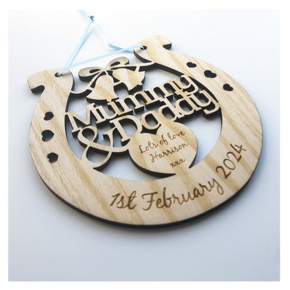 Mummy & Daddy Personalised Wooden Wedding Lucky Horseshoe Plaque Gift For Bride And Groom Ash Wood