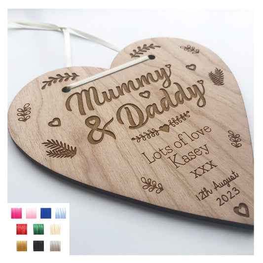 Mummy and Daddy Perfect Wedding Memento Cherry Wood Heart Wedding Gift - Various Ribbon Colours Available