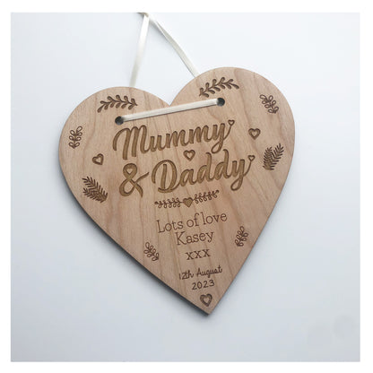 Mummy and Daddy Perfect Wedding Memento Cherry Wood Heart Wedding Gift - Various Ribbon Colours Available