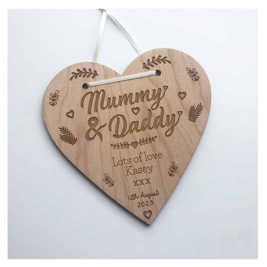 Mummy and Daddy Perfect Wedding Memento Cherry Wood Heart Wedding Gift - Various Ribbon Colours Available
