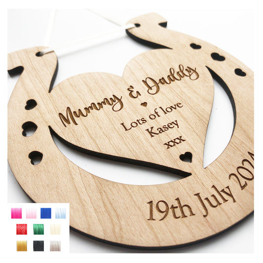 Mummy Mommy Mammy & Daddy Personalised Wedding Gift Lucky Horseshoe Plaque Sign 4mm Thick - Various Ribbon Colours Available - Cute