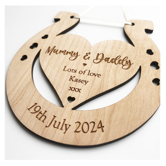 Mummy Mommy Mammy & Daddy Personalised Wedding Gift Lucky Horseshoe Plaque Sign 4mm Thick - Various Ribbon Colours Available - Cute