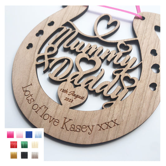 Mummy & Daddy Personalised Wooden Wedding Lucky Horseshoe Plaque Gift For Bride And Groom Cherry Wood