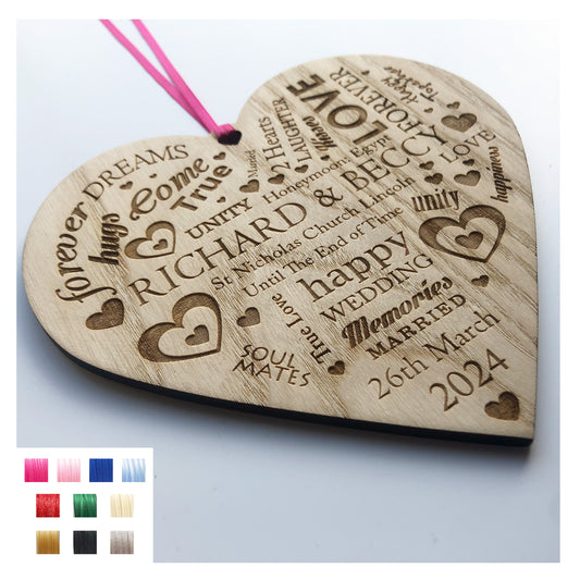 Personalised Wedding Day Gift. Wooden Heart Plaque. Bride And Groom Present