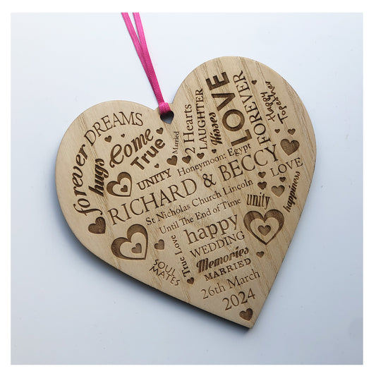 Personalised Wedding Day Gift. Wooden Heart Plaque. Bride And Groom Present