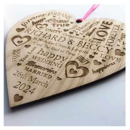 Personalised Wedding Day Gift. Wooden Heart Plaque. Bride And Groom Present